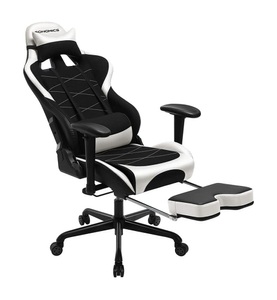 SONGMICS, Songmics - Gaming Stuhl mit Fußstütze, 150 kg, Bürostuhl, Schreibtischstuhl, Lendenkissen, Kopfkissen, hohe Rückenlehne, ergonomisch, Stahl, Kunstleder, atmungsaktives Meshgewebe, schwarz-weiß RCG52BW, 