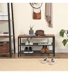 Vasagle -  INDESTIC Schuhbank mit 2 Gitterablagen, Schuhregal mit Sitzfläche, Schuhablage für den Eingangsbereich, Flur, Metall, Industrie-Design, Holzoptik LBS74X