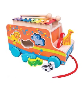 Bino, Bino Holz-Steckauto mit Xylophone, Mertens 84088 - Unicato Holz-Steckauto mit Xylophon, Ziehauto mit Sortierfunktion, 9-teilig, bunt, Genius Kid