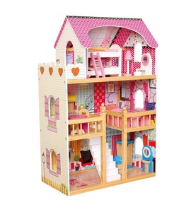 Bino, Bino Puppenhaus möbliert, Bino 83554 - Puppenhaus mit drei Etagen, möbliert, 17-teilig, Holz, 90x60x30cm