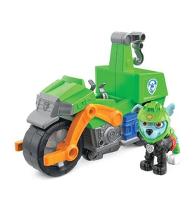 undefined, PAW Patrol , Moto Pups Rocky’s Deluxe Pull Back Motorcycle Vehicle with Wheelie Feature and Figure, 