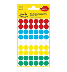 Avery Zweckform, Avery Zweckform Avery Zweckform Klebepunkte 12 mm, AVERY Zweckform 3088 Markierungspunkte Farbig assortiert 5 Blatt à 54 Etiketten