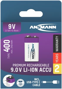 Ansmann, Ansmann 9V E-Block Typ 400 (min. 340 mAh) Akku Batterie, Ansmann Li-Ion Akku 9 V E-Block mit USB-C-Ladebuchse, 9 V, 340 mAh