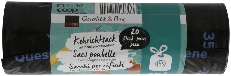 Markenlos, Quick-Tie Kehrichtsack 35l 20 Stück, Coop Qualité & Prix Kehrichtsack mit Knotenverschluss 35l 20 Stück
