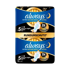 Always, always Ultra Binde Secure Night Extra mit Flügeln BigPack (16 Stück), Always Ultra Secure Night Damenbinden