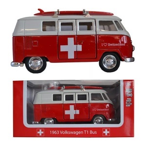 NoName, Noname VW Bus T1 Switzerland 12cm, Welly - VW Bus T1 mit Surfboard 1:38, 12cm, Rot