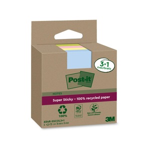 3m, 3M Post-it SuperSticky Notes, 76mm x 76mm, Recycling, assortiert, 654 RSSCOL 3+1F, (4 x 70 Blatt), Super Sticky 654 Recycl. 3+1
