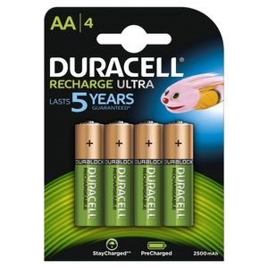 Duracell, Recharge Ultra Mignon (AA) NiMH Akku mit 2500 mAh - 4 Stück, Duracell AA Wiederaufladbare Batterien Ultra Power LR6 2500 mAh NiMH 1,2 V 4 Stück