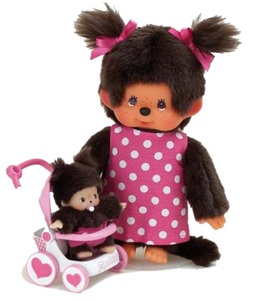 MONCHHICHI, Monchhichi Set Mutter, Kinderwagen und Baby 20cm, Monchhichi - Set Mutter, Kinderwagen und Baby, 20cm, Multicolor