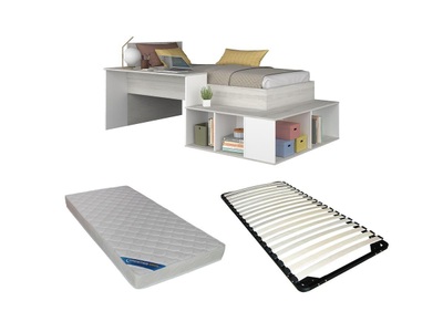 Vente-unique, Kombi-Bett 90 x 200 cm mit Stauraum & Schreibtisch + Lattenrost + Matratze - Holzfarben & Weiß - RIGALI Kombi-Bett 90 x 200 cm mit Stauraum & Schreibtisch + Lattenrost + Matratze - Holzfarben & Weiß - RIGALI, 