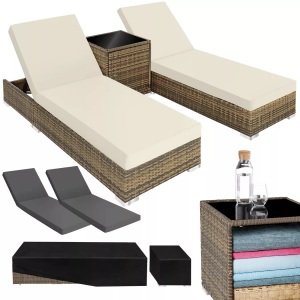 TecTake, 2 Aluminium Polyrattan Sonnenliegen + Tisch mit Schutzhülle 2 Aluminium Polyrattan Sonnenliegen + Tisch mit Schutzhülle, Tectake - 2 Aluminium Polyrattan Sonnenliegen + Tisch mit Schutzhülle, One Size, Beige