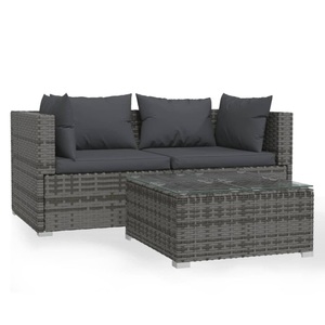 vidaXL, vidaXL 3-tlg. Garten-Lounge-Set mit Kissen Grau Poly Rattan, vidaXL 3-tlg. Garten-Lounge-Set mit Kissen Grau Poly Rattan
