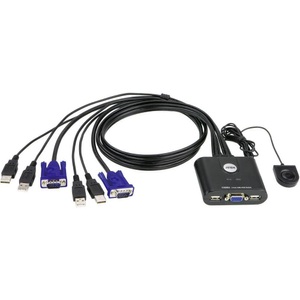ATEN, 2-Port-USB-VGA-Kabel-KVM-Switch mit Remote-Port-Wähler, ATEN - 2 Port KVM-Switch für USB-Eingabegeräte und VGA-Grafik, Schwarz, 230X190MM