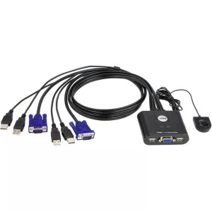 ATEN, 2-Port-USB-VGA-Kabel-KVM-Switch mit Remote-Port-Wähler, ATEN - 2 Port KVM-Switch für USB-Eingabegeräte und VGA-Grafik, Schwarz, 230X190MM