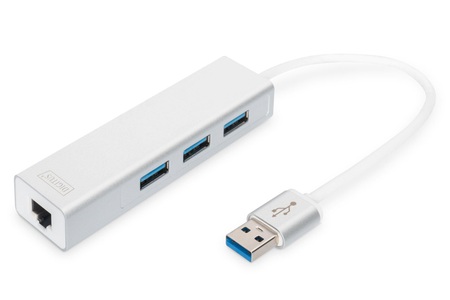 Digitus, Digitus DA-70250-1 3+1 Port USB 3.0-Hub Silber, Digitus DA-70250-1 3+1 Port USB 3.0-Hub mit eingebautem Netzwerk-Anschluss Silber