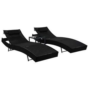 Diverse Hardware, Sonnenliegen 2 Stk. mit Tisch Poly Rattan und Textilene Schwarz