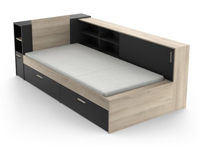 Vente-unique, Kombi-Bett mit Stauraum - 90 x 190200 cm - Schwarz & Holzfarben - LIARA Kombi-Bett mit Stauraum - 90 x 190200 cm - Schwarz & Holzfarben - LIARA, Demeyere GROUP Einzelbett, Liegefläche 90 x 200 cm, ohne Matratze