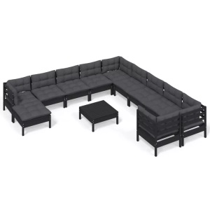 vidaXL, vidaXL 12-tlg. Garten-Lounge-Set mit Kissen Schwarz Kiefernholz, vidaXL 12-tlg. Garten-Lounge-Set mit Kissen Schwarz Kiefernholz