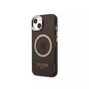Guess, Guess - iPhone 14 Plus MagSafe Hardcase Hülle Metal Outline (GUHMP14MHTCMK) - Schwarz / Gold, Apple - iPhone 14 Plus Hülle Gold Outline, Schwarz