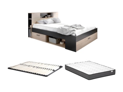 Vente-unique, Bett mit Stauraum & Schubladen + Lattenrost + Matratze - 160 x 200 cm - Naturfarben & Anthrazit - LEANDRE Bett mit Stauraum & Schubladen + Lattenrost + Matratze - 160 x 200 cm - Naturfarben & Anthrazit - LEANDRE, 