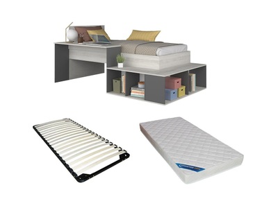 Vente-unique, Kombi-Bett + Lattenrost + Matratze - Mit Stauraum & Schreibtisch - 90 x 200 cm - Holzfarben & Anthrazit - RIGALI Kombi-Bett + Lattenrost + Matratze - Mit Stauraum & Schreibtisch - 90 x 200 cm - Holzfarben & Anthrazit - RIGALI