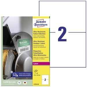 Avery Zweckform, Avery Zweckform Etiketten, 210mm x 148mm, weiss, matt, A4, L7916-40, (40 Blatt) , Avery-Zweckform L7916-40 Universal-Etiketten 210 x 148 mm Polyethylenfolie Weiß 80 St. Permanent haftend Laser 40 Blatt