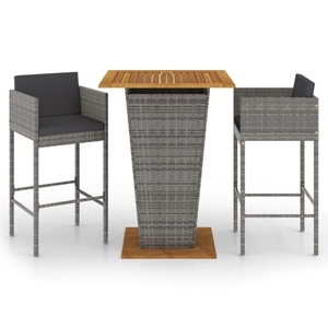 vidaXL, vidaXL 3-tlg. Gartenbar-Set mit Kissen Poly Rattan Grau, vidaXL 3-tlg. Gartenbar-Set mit Kissen Poly Rattan Grau