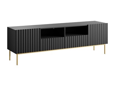 Vente-unique, TV-Möbel - 2 Türen, 2 Schubladen und 2 Ablagefächer - MDF und Stahl - Schwarz und Goldfarben - EVILANA TV-Möbel - 2 Türen, 2 Schubladen und 2 Ablagefächer - MDF und Stahl - Schwarz und Goldfarben - EVILANA, 