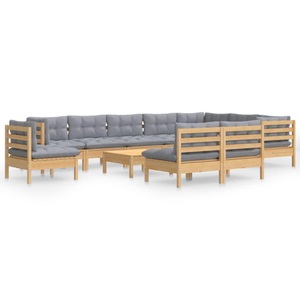 vidaXL, vidaXL 11-tlg. Garten-Lounge-Set mit Grauen Kissen Kiefer Massivholz, 