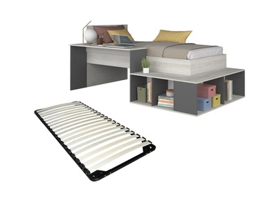 Vente-unique, Kombi-Bett + Lattenrost - Mit Stauraum & Schreibtisch - 90 x 200 cm - Holzfarben & Anthrazit - RIGALI Kombi-Bett + Lattenrost - Mit Stauraum & Schreibtisch - 90 x 200 cm - Holzfarben & Anthrazit - RIGALI