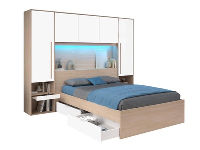 Vente-unique, Bett mit Stauraum 140 x 190 cm mit LED-Beleuchtung - Holzfarben & glänzend  - VELONA Bett mit Stauraum 140 x 190 cm mit LED-Beleuchtung - Holzfarben & glänzend  - VELONA
