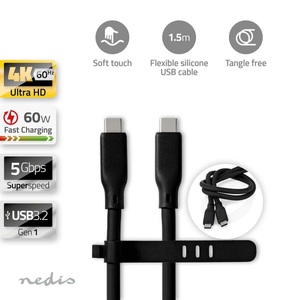 Nedis, USB-Kabel | USB 3.2 Gen 1 | USB-C? Male | USB-C? Male | 60W | 8K@30Hz | 5Gbps | Vernickelt | 1,50m | Rund | Silikon | Schwarz | Box