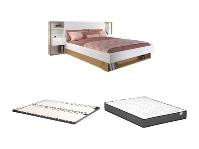 Vente-unique, Bett mit Nachttischen & Stauraum + Lattenrost + Matratze - 160 x 200 cm - Weiß & Holzfarben - MISTA Bett mit Nachttischen & Stauraum + Lattenrost + Matratze - 160 x 200 cm - Weiß & Holzfarben - MISTA, 