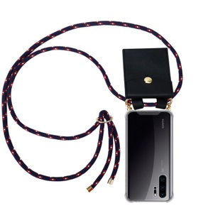 Cadorabo, Cadorabo Handy Kette für Huawei P30 PRO in BLAU ROT WEISS GEPUNKTET - Silikon Necklace Umhänge Hülle mit Gold Ringen, Kordel Band Schnur und abnehm..., Cadorabo - Handy Kette für Huawei P30 PRO Silikon mit Gold Ringen, Blau Denim Dunkel