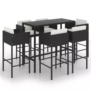 vidaXL, vidaXL 7-tlg. Gartenbar-Set mit Kissen Poly Rattan Schwarz, vidaXL 7-tlg. Gartenbar-Set mit Kissen Poly Rattan Schwarz
