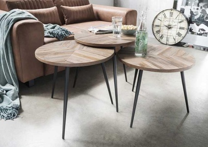 mutoni vintage, Couchtisch 3er Set Family Teak Weiss Metall Schwarz 55x55, Couchtisch 3er Set Family Teak Weiss Metall Schwarz 55x55
