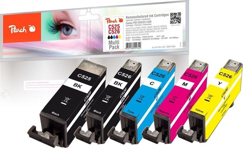 Peach, Peach Spar Pack Tintenpatronen kompatibel zu Canon CLI-526, PGI-525, Peach C525 5 Druckerpatronen XL (bk, bkph, c/m/y) ersetzt Canon PGI-525, CLI-526, 4541B006 für z.B. Canon Pixma MG 5150, Canon Pixma MG 5250