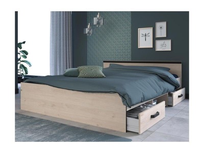Vente-unique, Bett mit Stauraum PABLO 2 Schubladen 1 Ablage Eichefarben Bett mit Stauraum PABLO 2 Schubladen 1 Ablage Eichefarben