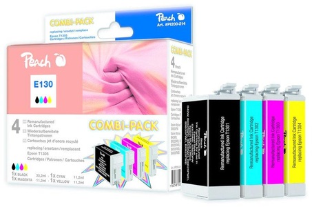 Peach, Peach Spar Pack Tintenpatronen kompatibel zu Epson T1305 (T1301, 1302, 1303, 1304), Peach E130 4 Druckerpatronen XL (bk, c/m/y) ersetzt Epson T1305, C13T13054010 für z.B. Epson Stylus Office BX 925 FWD, Epson Stylus Office B 42 WD