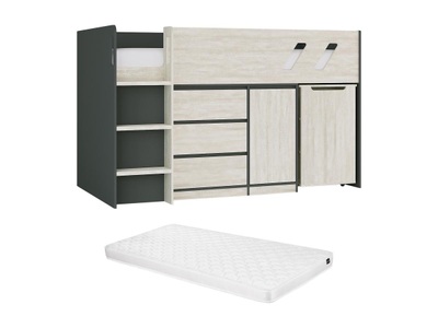 Vente-unique, Kombi-bett 90 X 190 Cm - Mit Schreibtisch & Stauraum - Anthrazit & Hellgraue Holzoptik + Matratze - Sagiti Unisex Grau 90X190CM