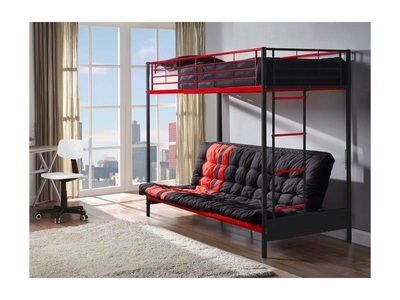 Vente-unique, Hochbett mit Schlafsofa - 90 x 190 cm - Metall - Rot & Schwarz - MODULO V Hochbett mit Schlafsofa - 90 x 190 cm - Metall - Rot & Schwarz - MODULO V, 