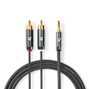 Nedis, Stereo-Audiokabel | 3,5 mm Stecker | 2x RCA Stecker | Vergoldet | 2,00 m | Rund | Grau / Grau mit Metall | Karton mit Sichtfenster, Nedis Audiokabel 1x 3.5 ST / 2x RCA, 2m