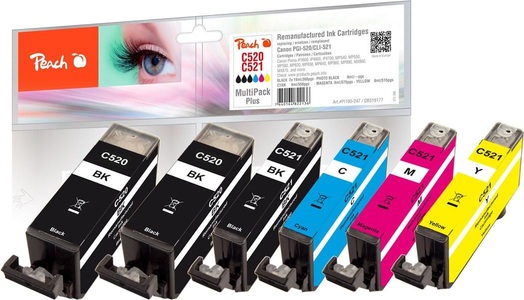 Peach, Peach Spar Pack Plus Tintenpatronen kompatibel zu Canon PGI-520*2, CLI-521, 2934B007, Tinte Spar Pack PI100-247