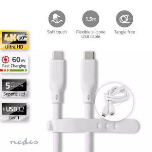 Nedis, USB-Kabel | USB 3.2 Gen 1 | USB-C? Male | USB-C? Male | 60W | 4K@60Hz | 5Gbps | Vernickelt | 1,50m | Rund | Silikon | Weiß | Box
