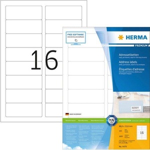 HERMA, HERMA Adressetik. A4 weiss 88,9x33,8 mm Papier 1600 St., Herma Premium-Adressetiketten Nr. 4479 auf DIN A4-Blättern, 1600 Etiketten, 100 Bogen