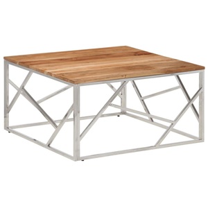 vidaXL, vidaXL Couchtisch Silbern Edelstahl und Massivholz Akazie, vidaXL Couchtisch Silbern Edelstahl und Massivholz Akazie