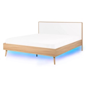 Beliani, Beliani Bett heller Holzfarbton/weiss 140 x 200 cm mit LED-Beleuchtung bunt SERRIS, Beliani - Bett mit LED aus Faserplatte Modern SERRIS, 140x200 cm, Light Beige