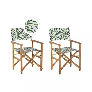 Beliani, Beliani Gartenstuhl Akazienholz hellbraun Textil grau / grün Blattmuster 2er Set CINE, Beliani - Gartenstuhl 2er Set aus Polyester Modern CINE, One Size, Light Beige