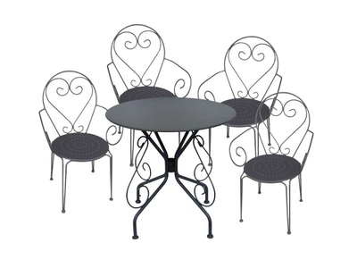 Vente-unique, Garten Essgruppe: Tisch + 4 stapelbare Sessel - Metall in Eisenoptik - Anthrazit - GUERMANTES Garten Essgruppe: Tisch + 4 stapelbare Sessel - Metall in Eisenoptik - Anthrazit - GUERMANTES, 