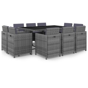 Diverse Hardware, 11-tlg. Garten-Essgruppe mit Auflagen Poly Rattan Grau